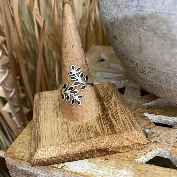 Sterling Black Onyx Olive Branch Tree Of Leaf Ring - Picture 1 of 5